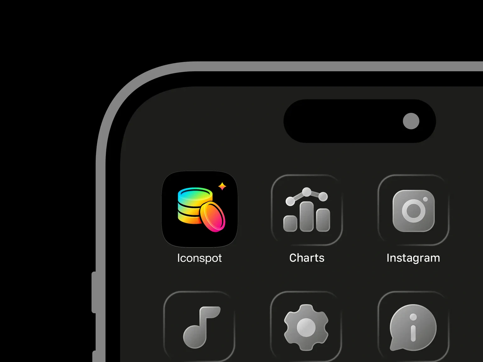 Glossy rainbow-gradient stack of three coins with one coin leaning in front and a small sparkle above on a black background shown in an iPhone app grid