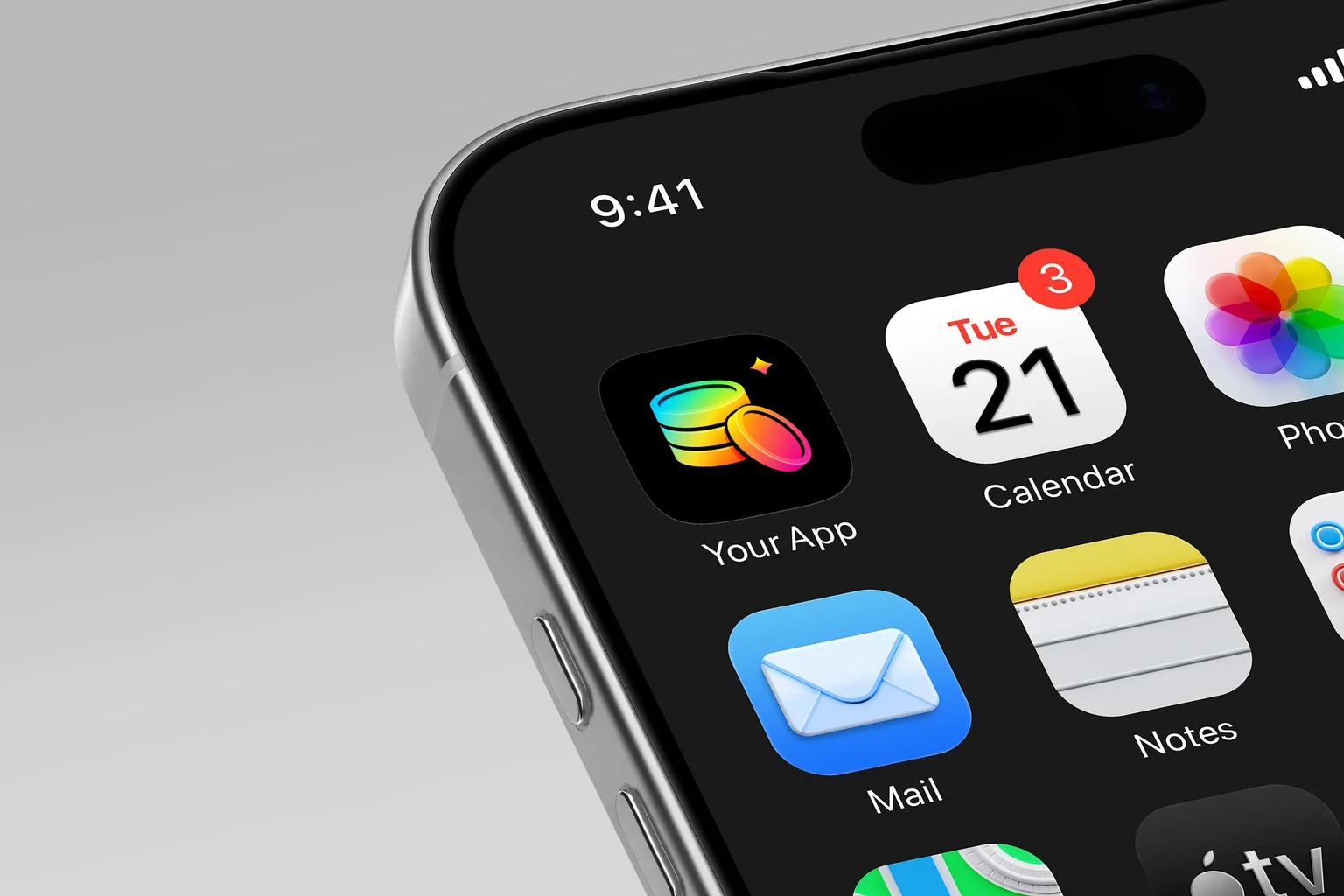 Glossy rainbow-gradient stack of three coins with one coin leaning in front and a small sparkle above on a black background shown on an iPhone home screen