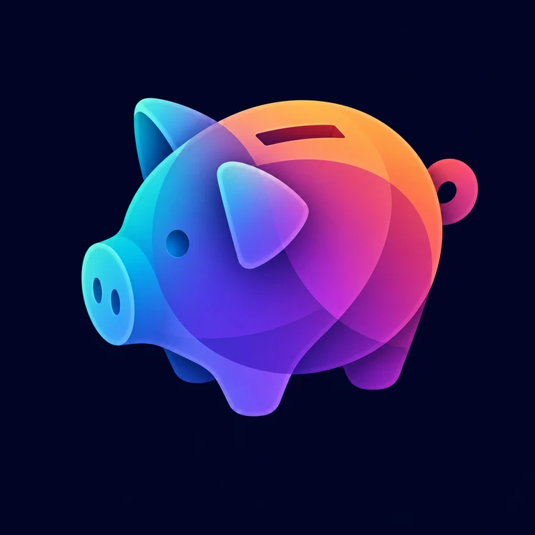 Glossy 3D piggy bank with a coin slot and curled tail in cyan, purple, pink, and orange gradients on a navy background