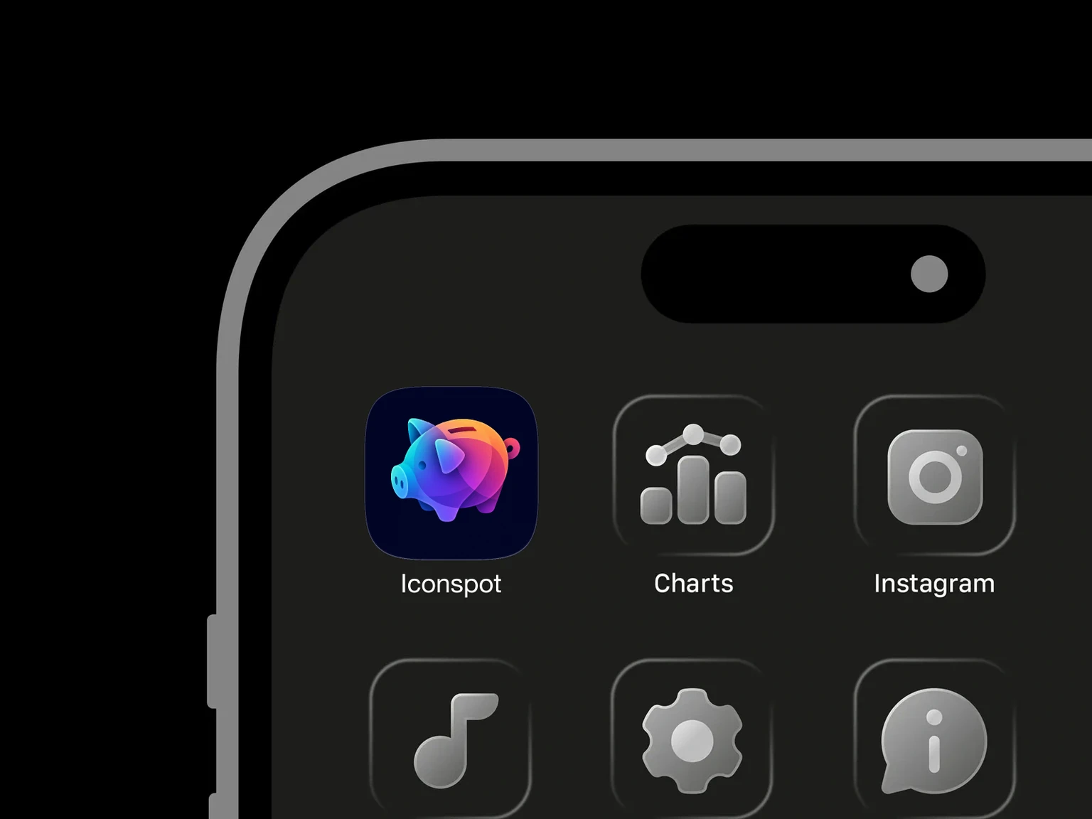 Glossy 3D piggy bank with a coin slot and curled tail in cyan, purple, pink, and orange gradients on a navy background shown in an iPhone app grid