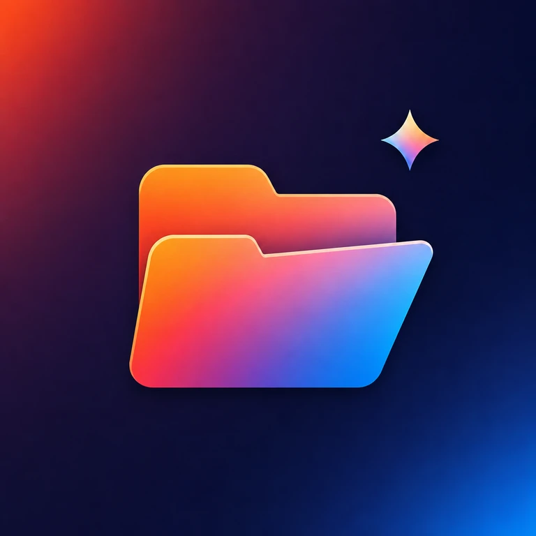 Open orange, pink, purple and blue gradient folder with a four-point sparkle on a dark navy background