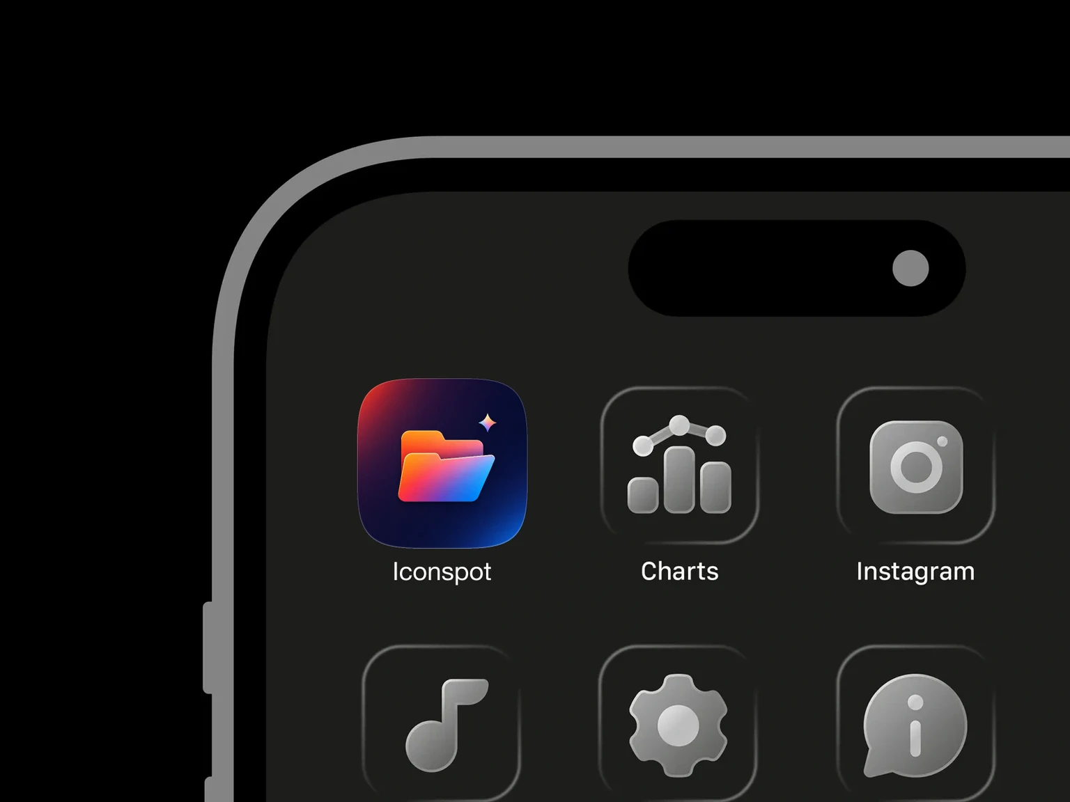 Open orange, pink, purple and blue gradient folder with a four-point sparkle on a dark navy background shown in an iPhone app grid