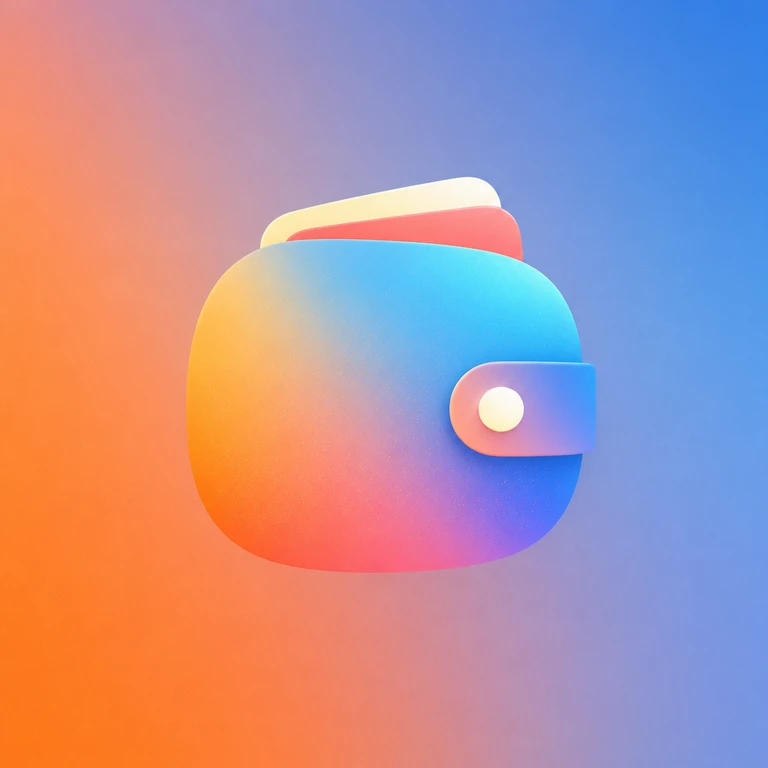 Rounded rainbow-gradient wallet with two cards and a buttoned side strap on a blurred blue, orange, and purple background