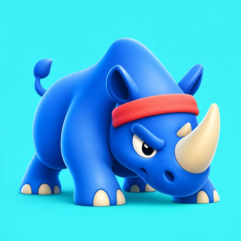 Cobalt-blue cartoon rhinoceros crouching with cream horns and a coral-red headband on a turquoise background.
