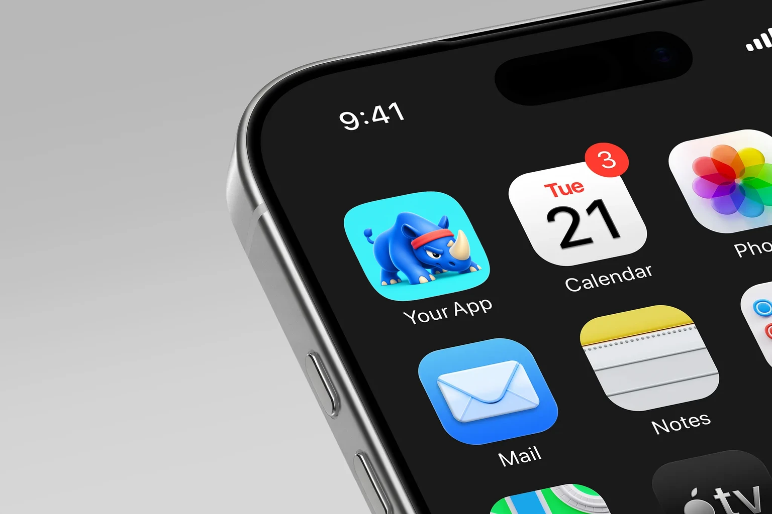 Cobalt-blue cartoon rhinoceros crouching with cream horns and a coral-red headband on a turquoise background. shown on an iPhone home screen
