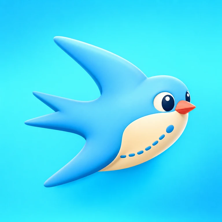 Glossy sky-blue swallow flying to the right with swept pointed wings, a cream chest, blue dotted route, dark eye, and coral beak.
