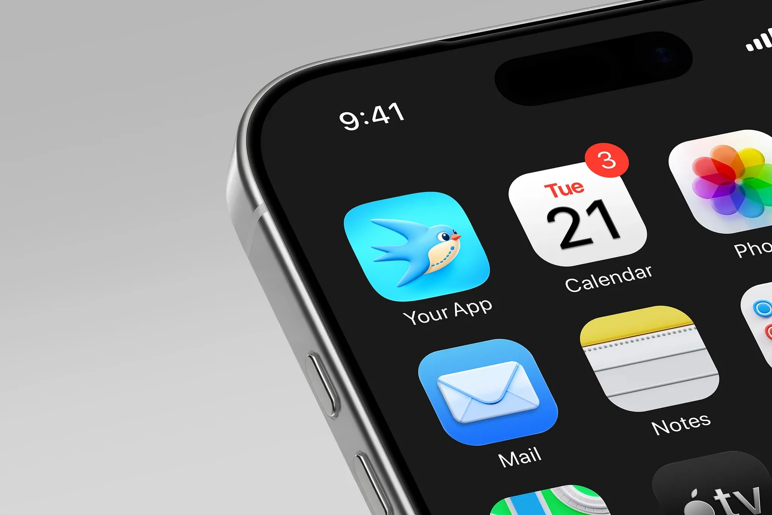 Glossy sky-blue swallow flying to the right with swept pointed wings, a cream chest, blue dotted route, dark eye, and coral beak. shown on an iPhone home screen