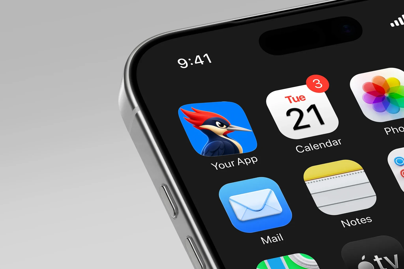 Stylized 3D woodpecker in profile with a swept red crest, navy-blue body, cream face and chest, and a long gray beak on a blue background. shown on an iPhone home screen