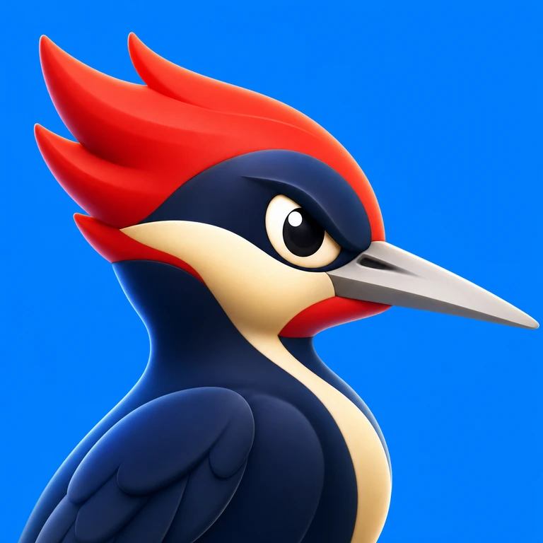 Stylized 3D woodpecker in profile with a swept red crest, navy-blue body, cream face and chest, and a long gray beak on a blue background.