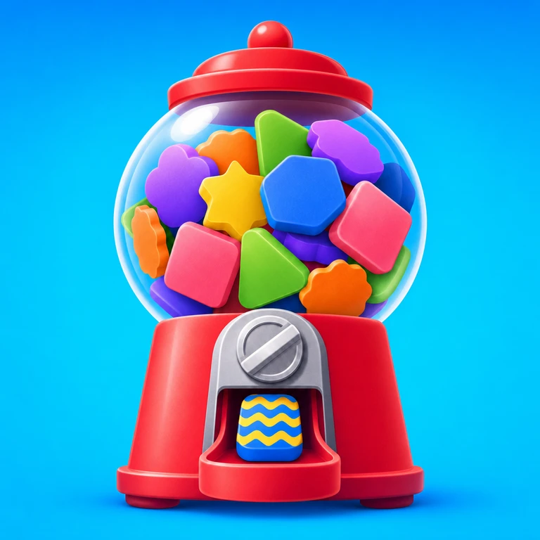 Glossy red gumball machine filled with colorful geometric tiles and a blue tile with yellow waves in the dispensing tray