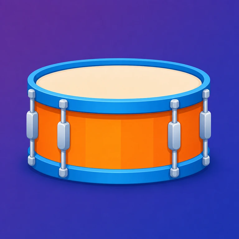 Orange cartoon drum with blue rims, silver tension rods, large eyes, and a smiling face on a purple background