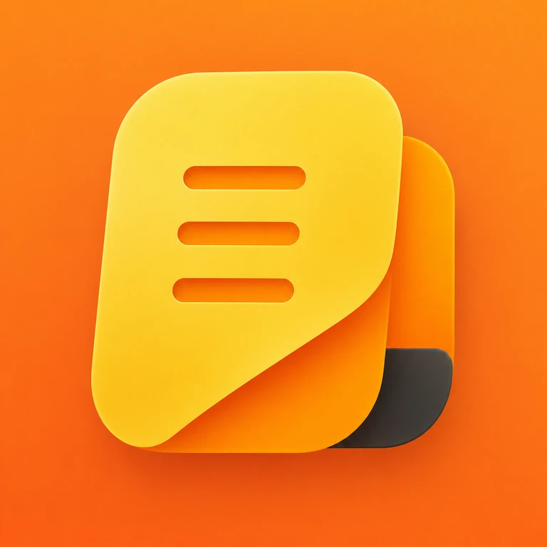 Large yellow document stack with three horizontal note lines and a folded corner on an orange background