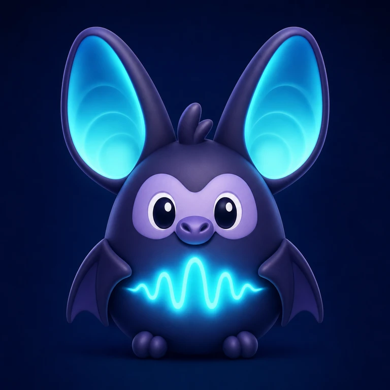Glossy midnight-indigo cartoon bat with oversized cyan-glowing ears, wide eyes, folded wings, and a luminous waveform on its chest.