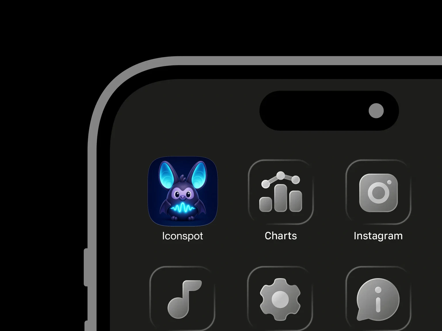 Glossy midnight-indigo cartoon bat with oversized cyan-glowing ears, wide eyes, folded wings, and a luminous waveform on its chest. shown in an iPhone app grid