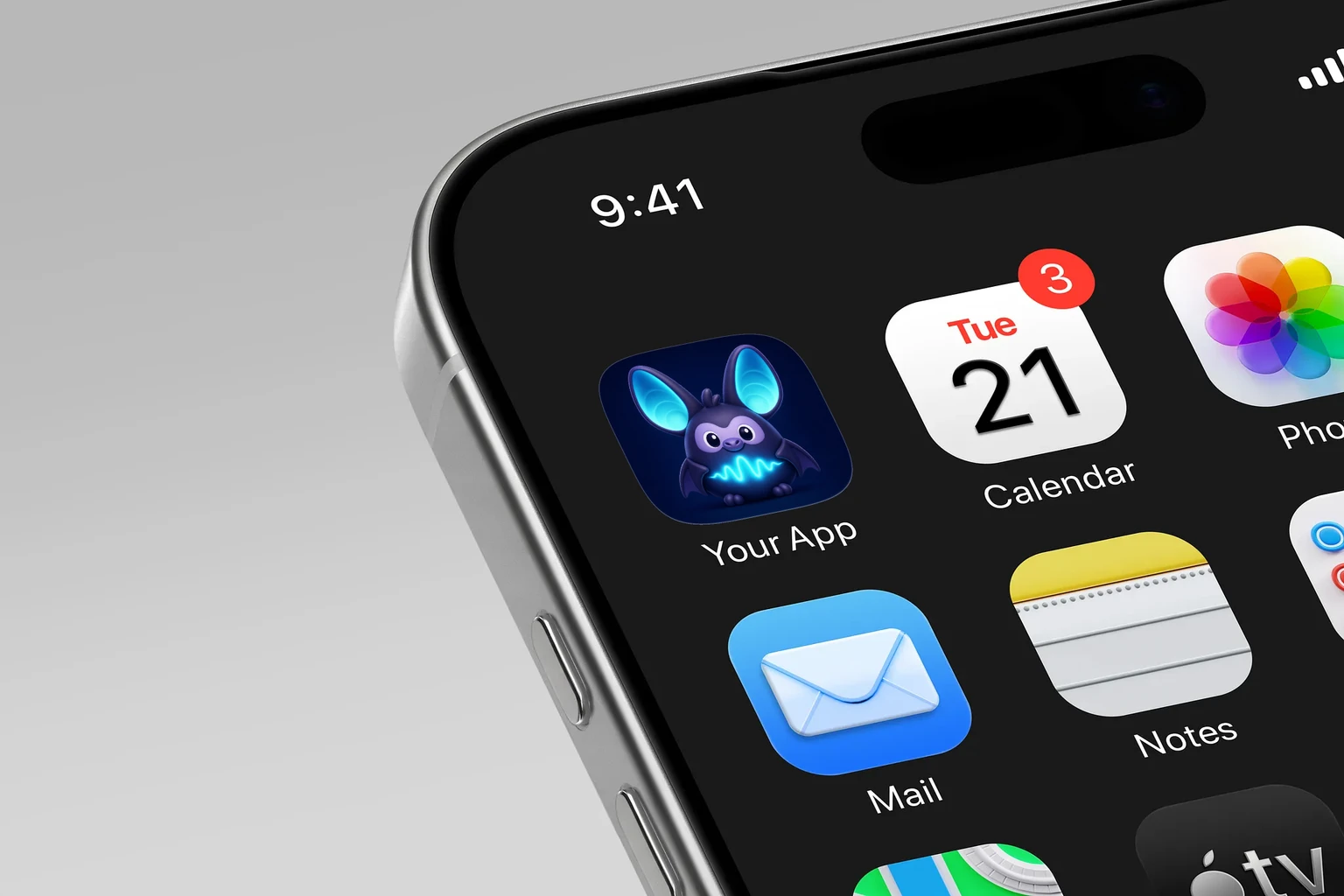 Glossy midnight-indigo cartoon bat with oversized cyan-glowing ears, wide eyes, folded wings, and a luminous waveform on its chest. shown on an iPhone home screen