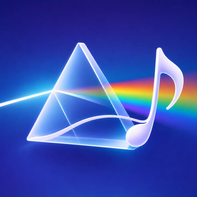 Glossy white musical note curving across a translucent triangular prism that splits a beam of light into a rainbow