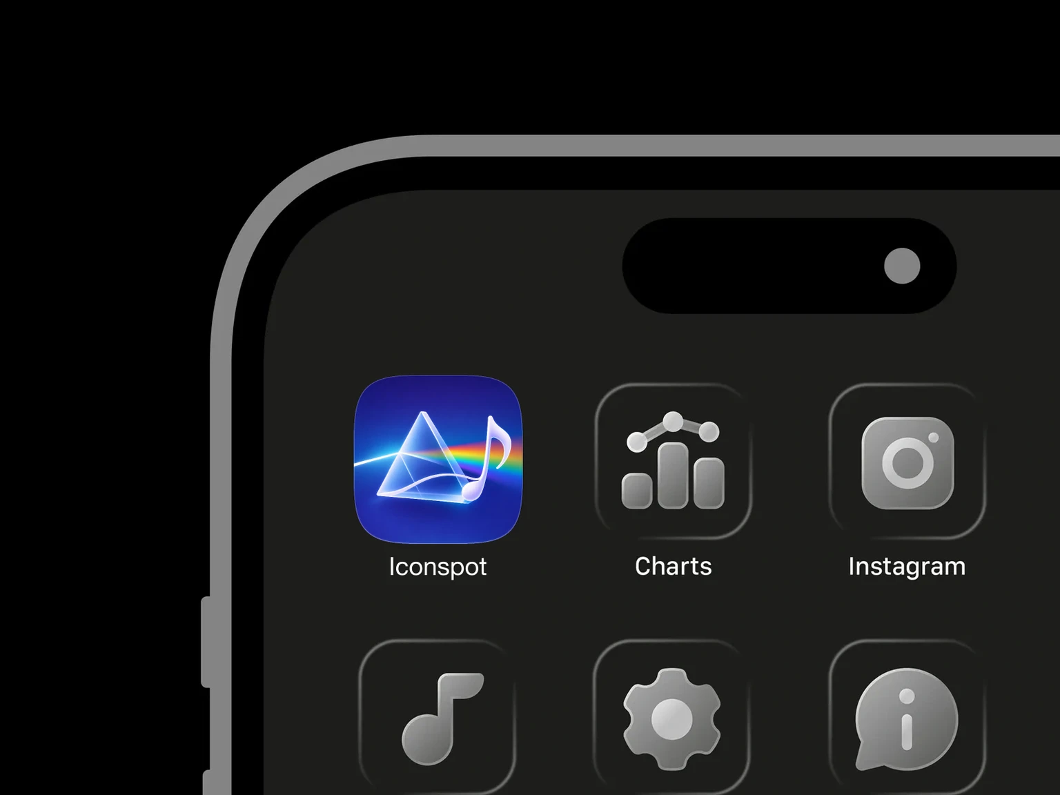 Glossy white musical note curving across a translucent triangular prism that splits a beam of light into a rainbow shown in an iPhone app grid