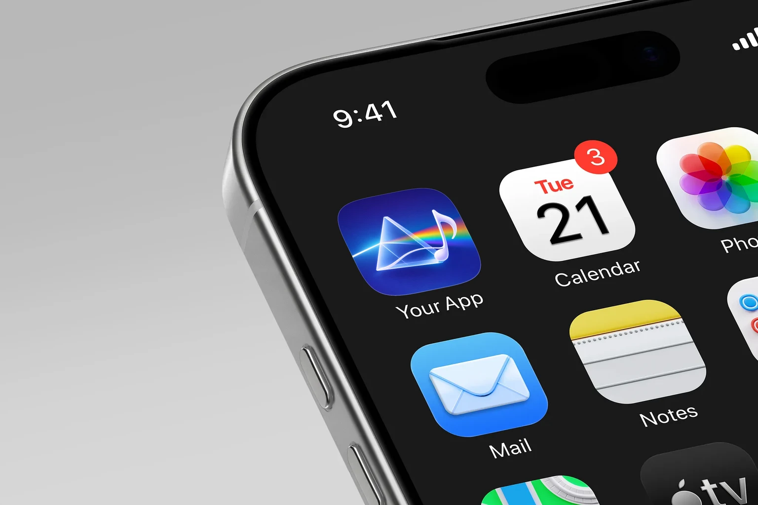 Glossy white musical note curving across a translucent triangular prism that splits a beam of light into a rainbow shown on an iPhone home screen