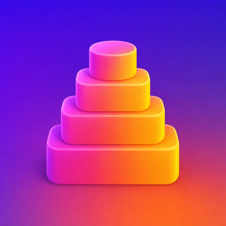 Four rounded blocks stacked from largest to smallest in pink, orange, and yellow gradients on a purple background.