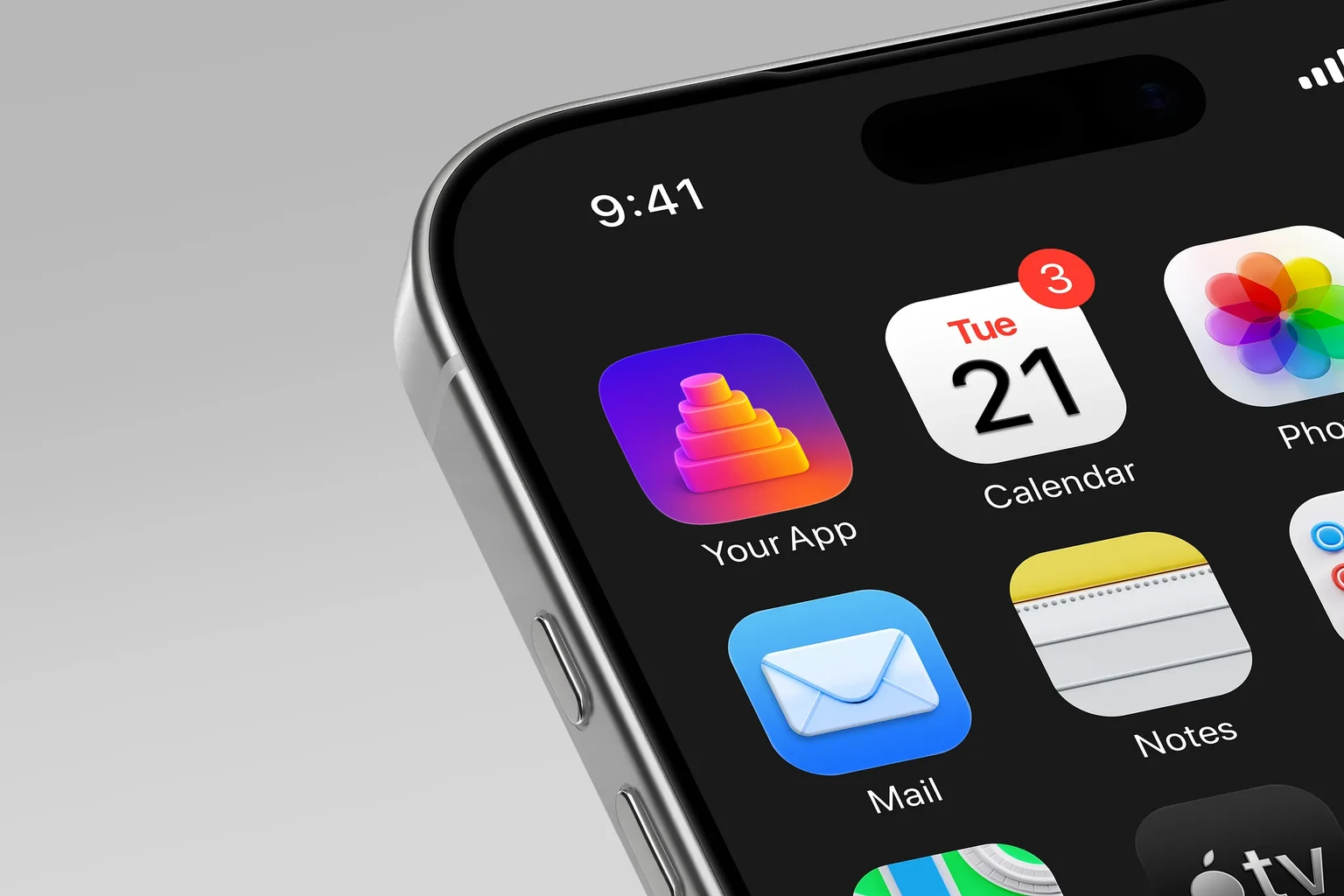 Four rounded blocks stacked from largest to smallest in pink, orange, and yellow gradients on a purple background. shown on an iPhone home screen