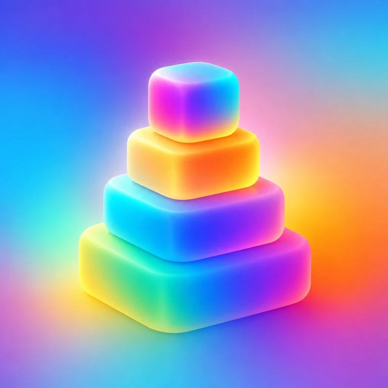 Four rounded square blocks stacked in a pyramid with rainbow gradients on a softly blurred multicolor background.