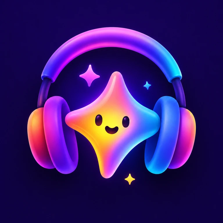 Smiling rainbow gradient star wearing large purple and blue headphones on a deep violet background