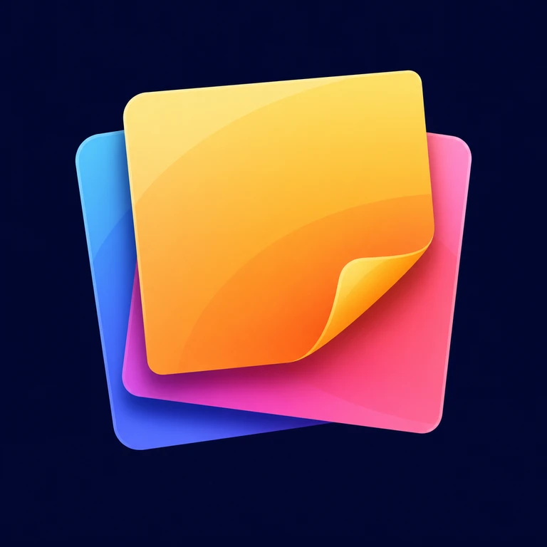Three overlapping rounded note sheets in yellow, orange, pink, and blue, with the front sheet curling upward at the lower-right corner.