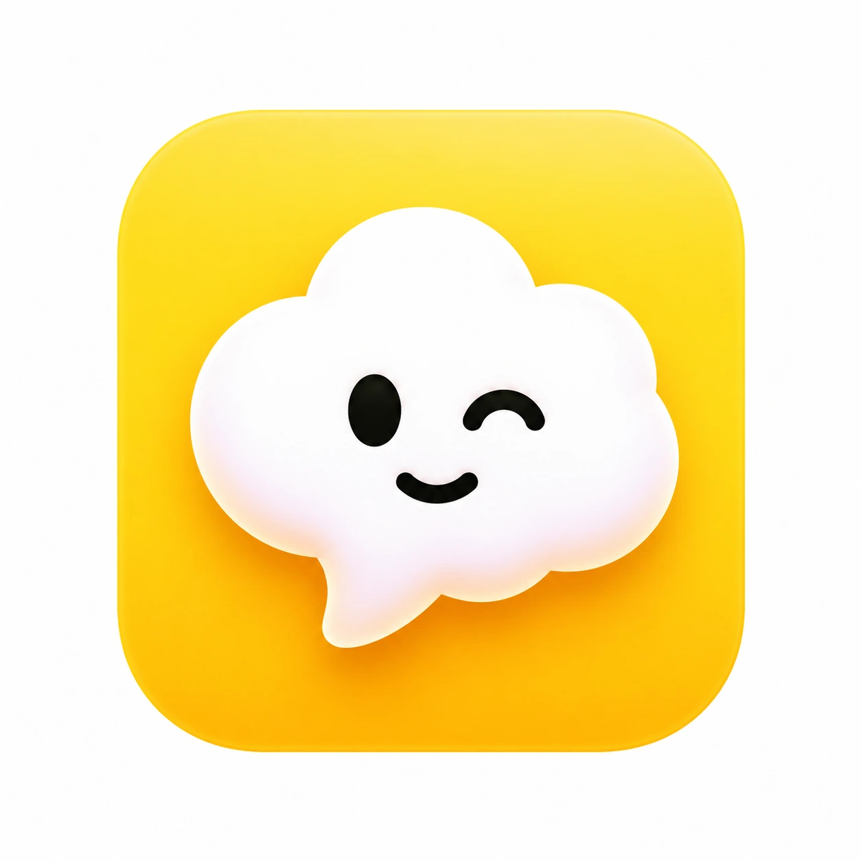Smiling white cloud-shaped speech bubble with one open eye and one wink on golden yellow original presentation artwork