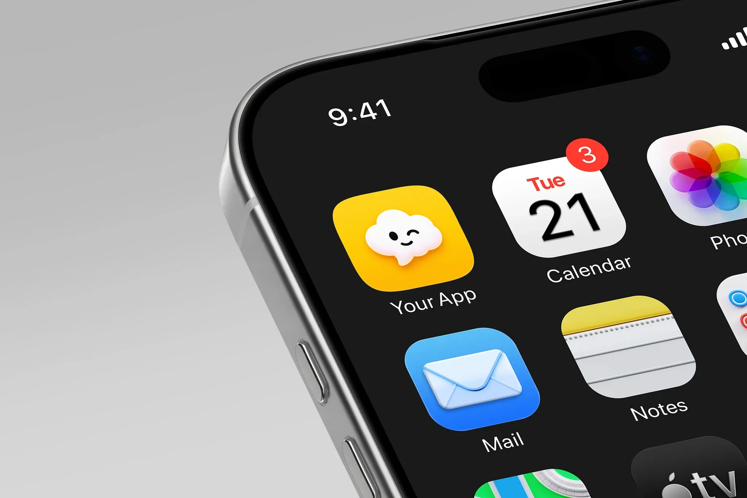 Smiling white cloud-shaped speech bubble with one open eye and one wink on golden yellow shown on an iPhone home screen