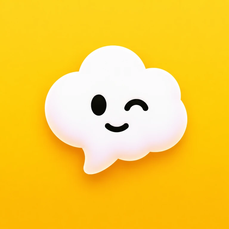 Smiling white cloud-shaped speech bubble with one open eye and one wink on golden yellow