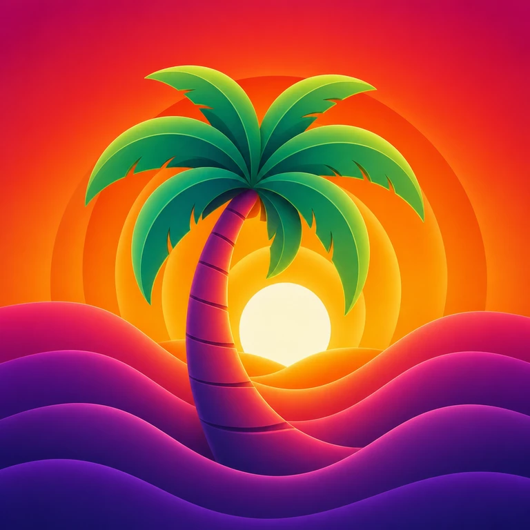 Green leaning palm tree over a glowing orange sunset and layered magenta-violet waves