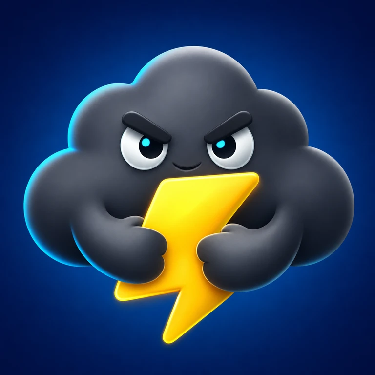 Dark gray cartoon storm cloud with narrowed eyes and thick brows clutching a bright yellow lightning bolt against a blue background.