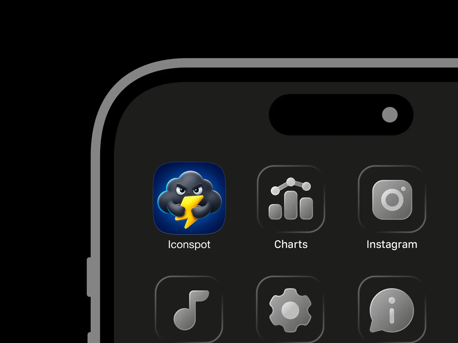 Dark gray cartoon storm cloud with narrowed eyes and thick brows clutching a bright yellow lightning bolt against a blue background. shown in an iPhone app grid