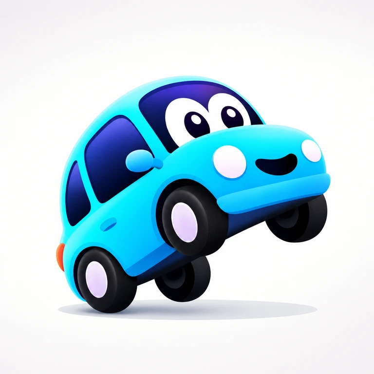 Glossy turquoise cartoon hatchback with windshield eyes and a smiling grille, tilted nose-up above a shadow on a purple gradient background.