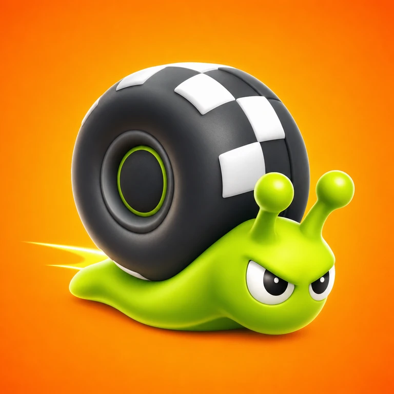 Bright green 3D cartoon snail with narrowed eyes, two rounded antennae, and a large black tire shell with white checkered markings on orange.