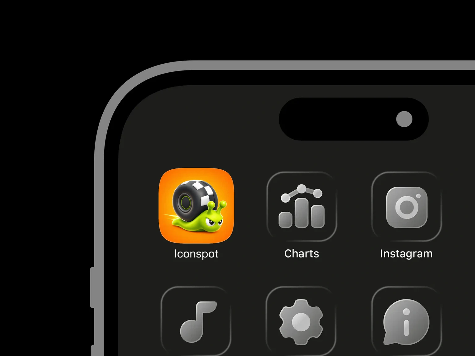Bright green 3D cartoon snail with narrowed eyes, two rounded antennae, and a large black tire shell with white checkered markings on orange. shown in an iPhone app grid