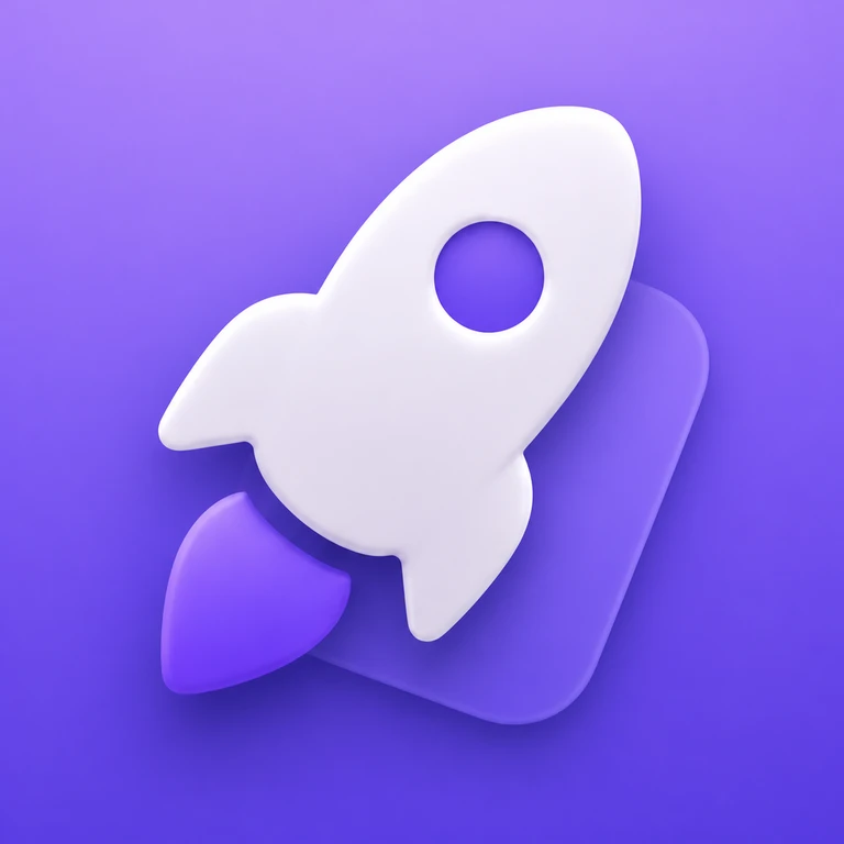 Large soft-white rocket with purple porthole and violet flame on a full-bleed purple background