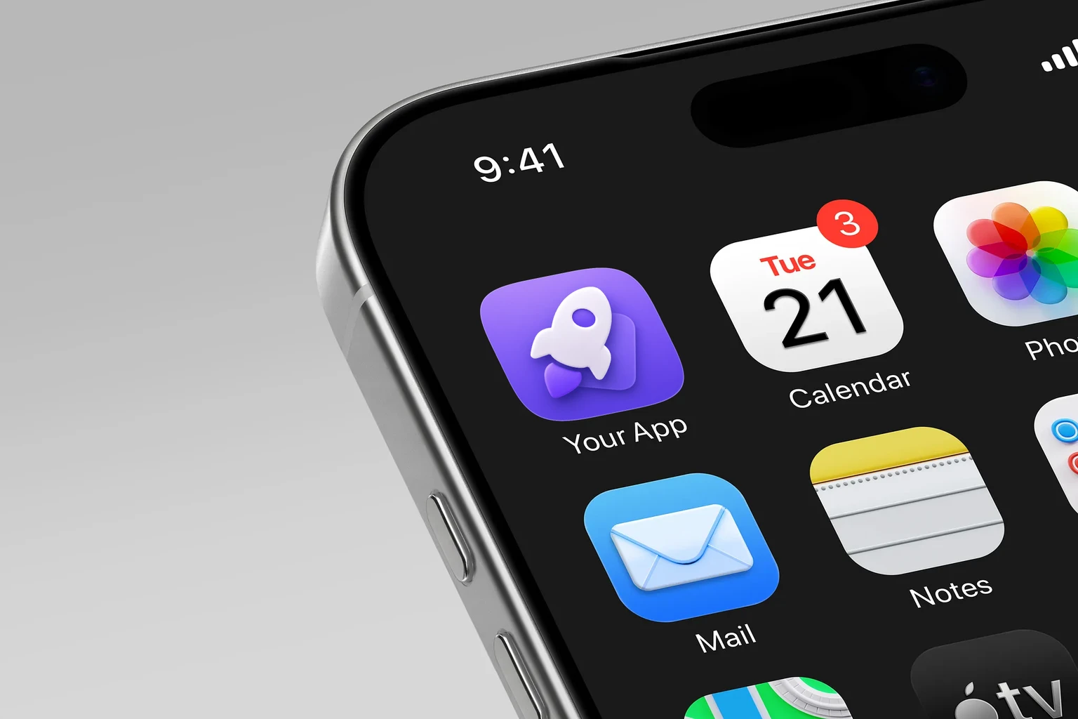 Large soft-white rocket with purple porthole and violet flame on a full-bleed purple background shown on an iPhone home screen