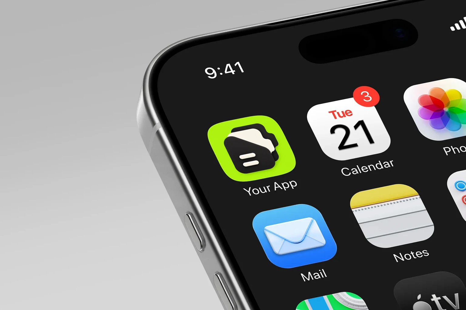 Large black and ivory layered file stack with two horizontal labels on a bright acid-lime background shown on an iPhone home screen