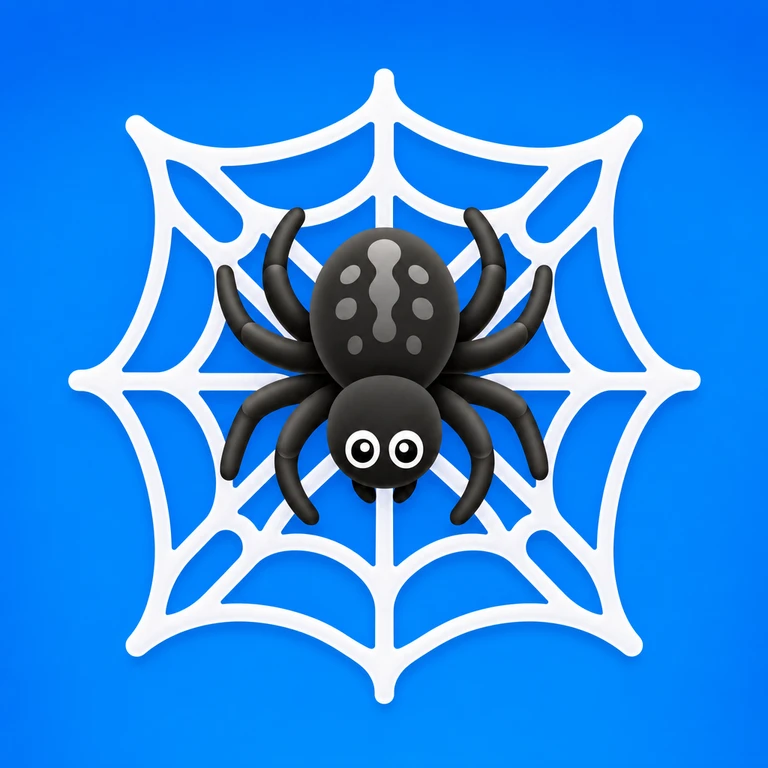 Wide-eyed black cartoon spider with gray back markings centered on a white square web against a blue gradient background