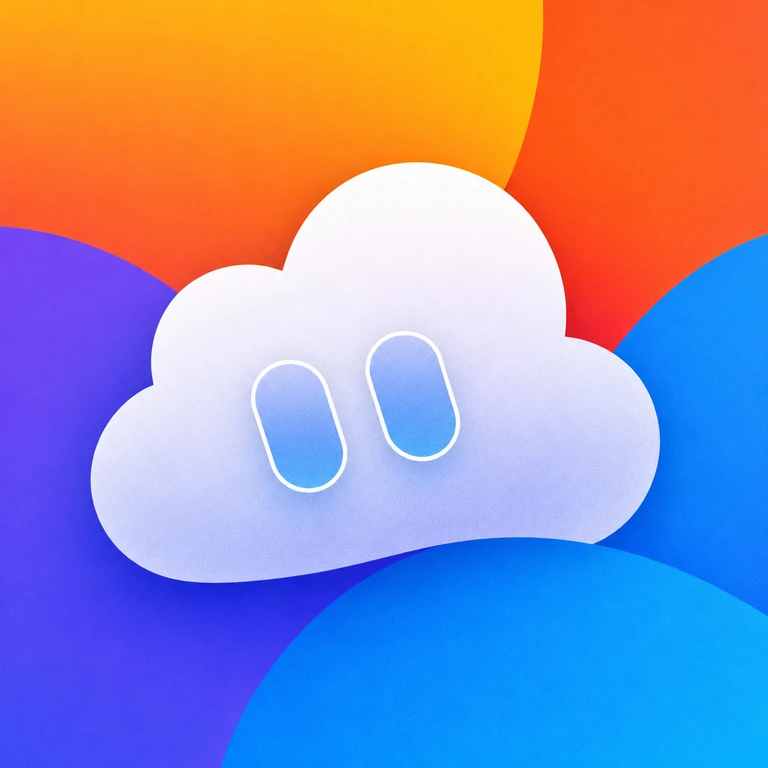 Rounded white cloud with two blue vertical oval details over overlapping orange, purple, and blue circles.