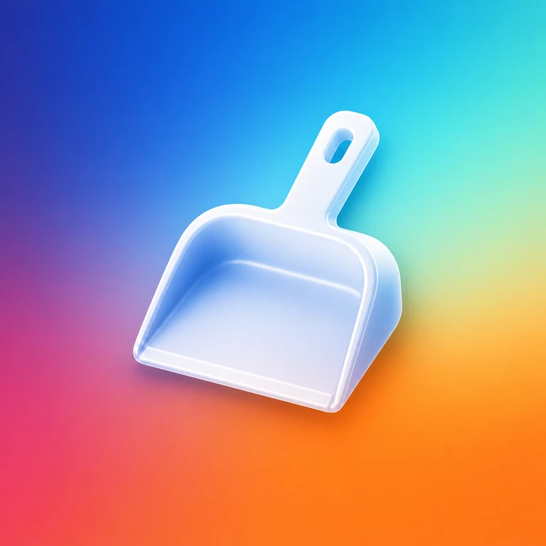 Glossy white dustpan with a slotted handle on a blurred blue, purple, pink, green, and orange gradient