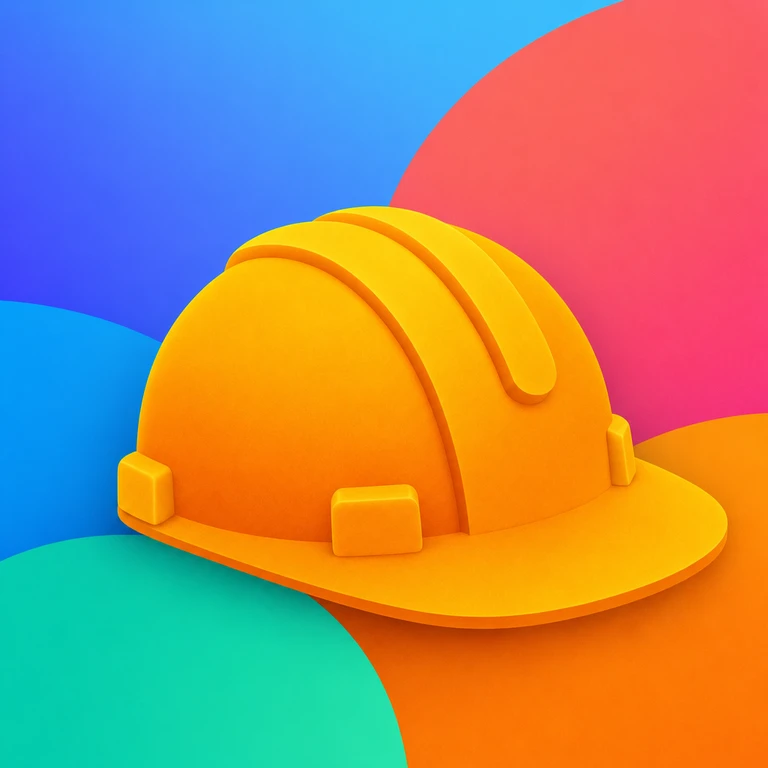 Bright yellow hard hat on overlapping blue, pink, orange, green, and purple shapes